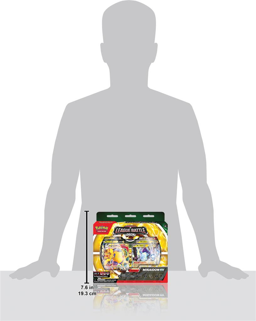 Miraidon ex en Regieleki VMAX in Pokémon League Battle Deck met elektrische Pokémon en dobbelstenen.