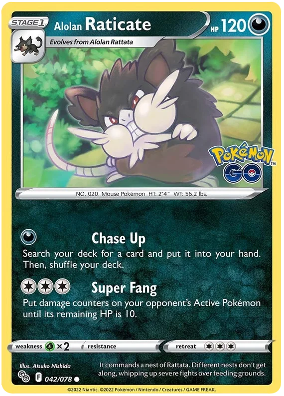 Alolan Raticate 42/78 common kaart uit de Pokémon Go set met de aanval Super Fang