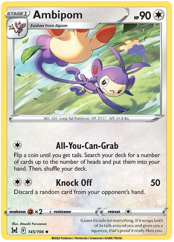 Ambipom common kaart uit Pokémon Lost Origin – normale Pokémon voor verzamelaars en spelers.