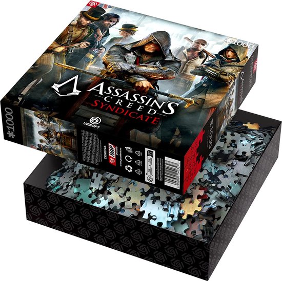 Binnenkant van de open Assassin's Creed puzzeldoos gevuld met de 1000 puzzelstukjes.