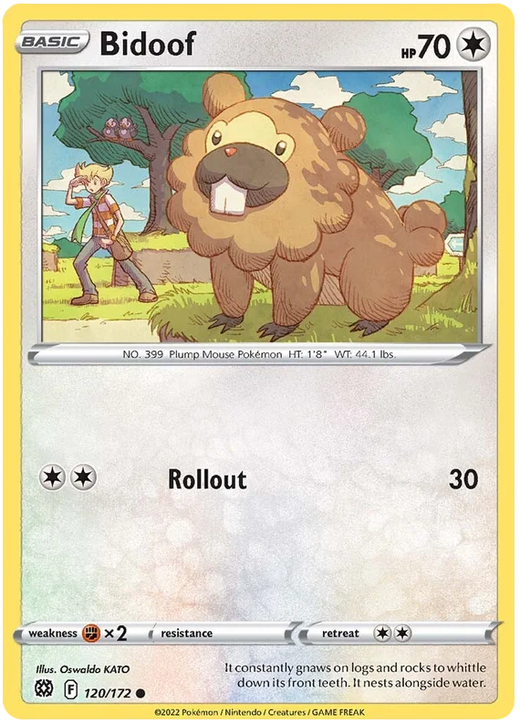 Bidoof common kaart uit Brilliant Stars, Normal-type Pokémon met Barry.