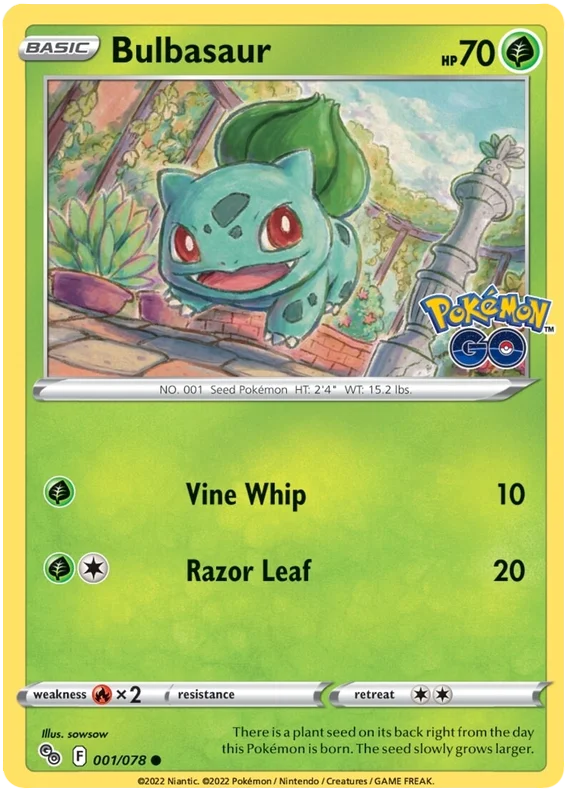 Bulbasaur common kaart uit de Pokémon Go set, iconische gras Pokémon uit de 1e generatie.