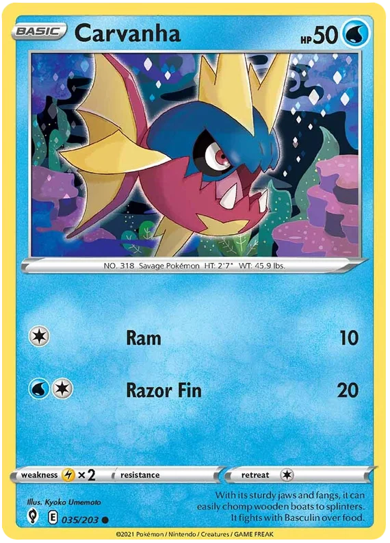 Carvanha common kaart uit Evolving Skies – water Pokémon kaart voor verzameling of deck