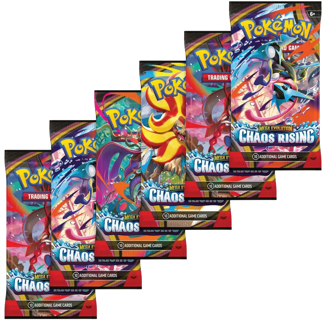 Overzicht van de 6 Pokémon Chaos Rising booster packs die in de bundle zitten