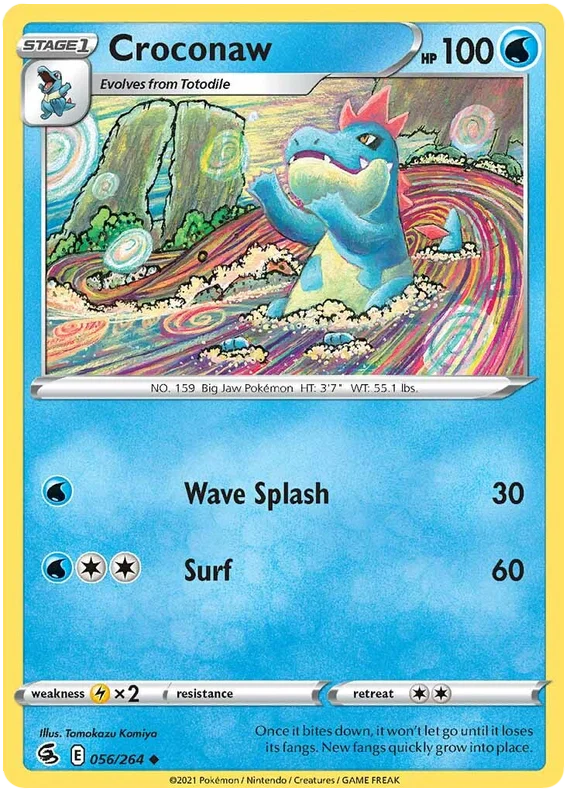 Croconaw 056/264 uncommon Pokémon kaart uit de Fusion Strike set geïllustreerd door Tomokazu Komiya