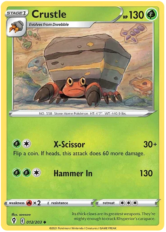 Crustle 012/203 uncommon Pokémon kaart uit de Evolving Skies set met artwork van sowsow