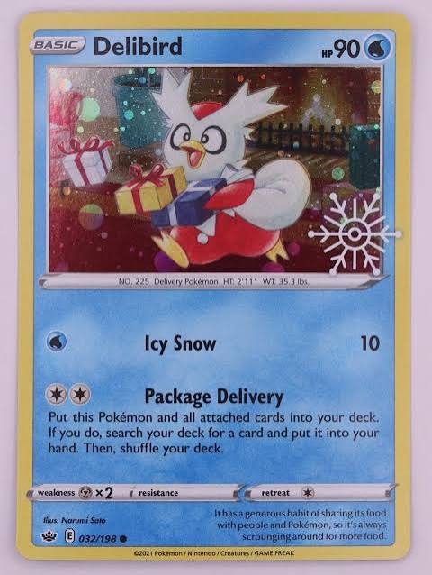 Delibird Holo Holiday Stamp Chilling Reign Pokémon kaart met unieke sneeuwvlok stempel en glinsterende cosmos holo folie