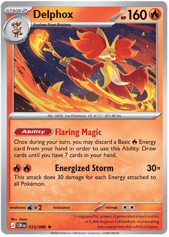Delphox Holo #013 Chaos Rising Pokémon kaart, vuur-type verzamelkaart