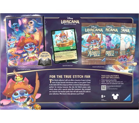 Achterkant van de Disney Lorcana Stitch Collector's Gift Set doos met productinformatie en een overzicht van de inhoud.