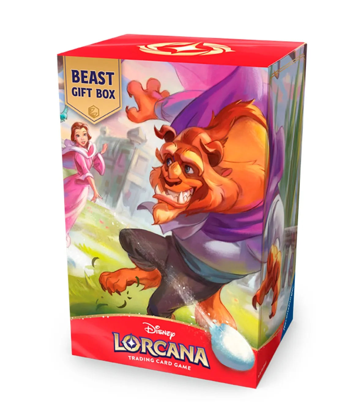 Vooraanzicht van de officiële verpakking van de Disney Lorcana Beast Premium Gift Box met de Beast promo en opbergdoos.