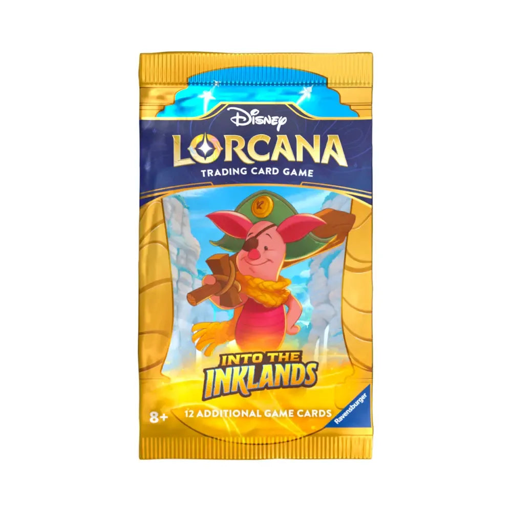 Lorcana Into the Inklands booster – Disney TCG pakje met Mickey Mouse, Peter Pan, Maleficent, Ursula en Enchanted kaarten.
