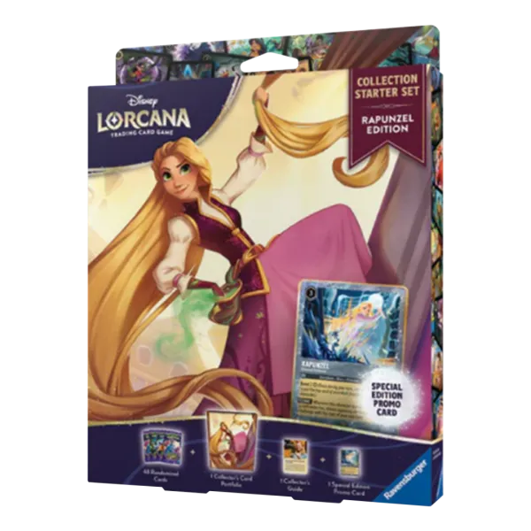 Vooraanzicht van de officiële verpakking van de Disney Lorcana Rapunzel Collection Starter met de Rapunzel verzamelmap en promo-kaart.