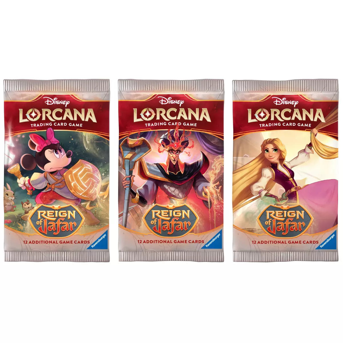Overzicht van de drie verschillende boosterpack artworks uit de Disney Lorcana Reign of Jafar uitbreiding.