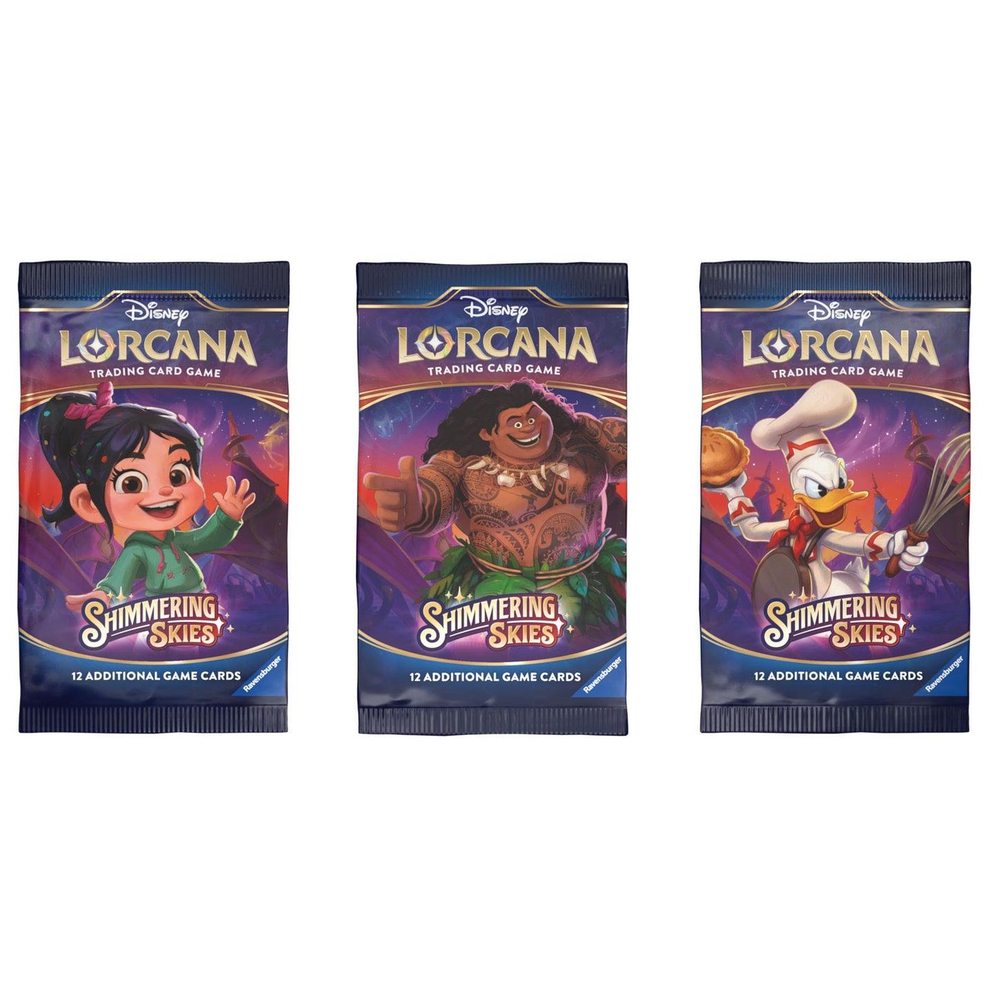 Lorcana Shimmering Skies booster – Disney TCG pakje met Olaf, Vanellope, Snow White, Scar, Robin Hood en Enchanted kaarten.