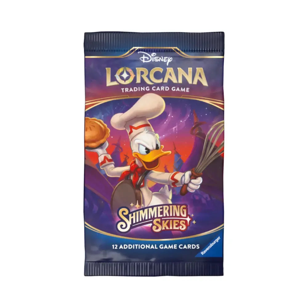 Lorcana Shimmering Skies booster – Disney TCG pakje met Olaf, Vanellope, Snow White, Scar, Robin Hood en Enchanted kaarten.