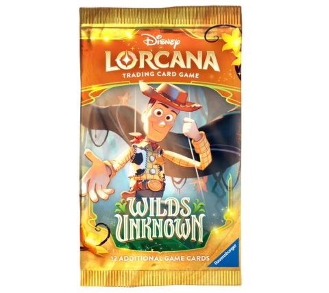 Disney Lorcana Wilds Unknown boosterpack met Woody artwork.