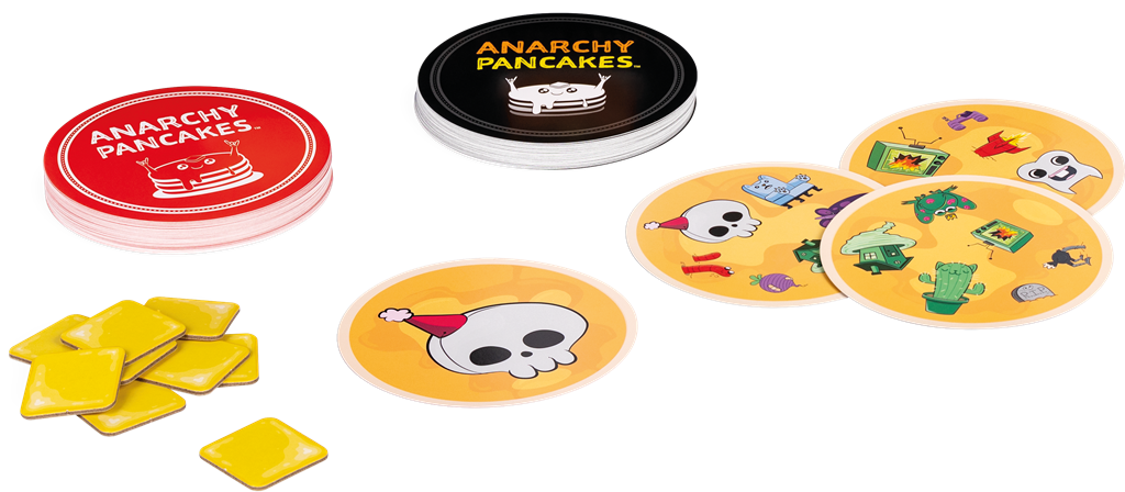 Dobble Anarchy Pancakes kaartspel verpakking met kleurrijke illustraties en pancakes - verpakking