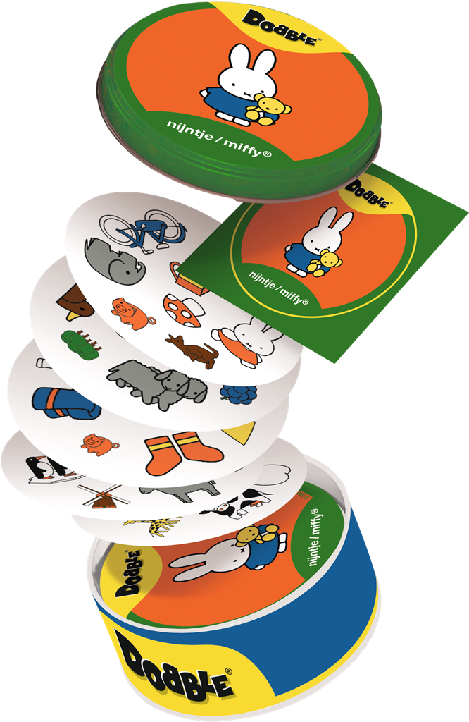 Dobble Nijntje Miffy kaartspel in ronde blikken doos met vrolijke illustraties - vooraanzicht