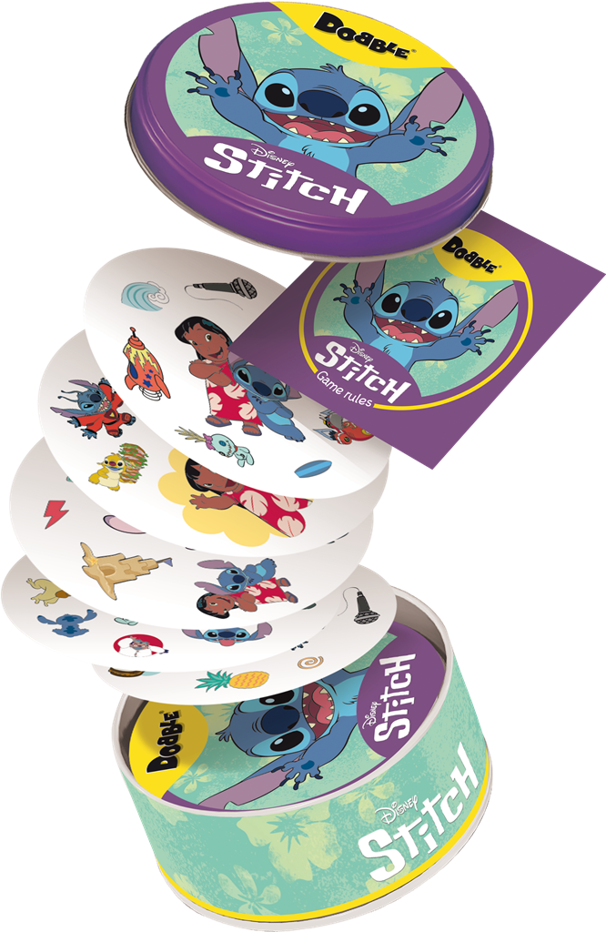 Dobble Stitch kaartspel blikken doos met ronde kaarten en Disney personages - detailfoto