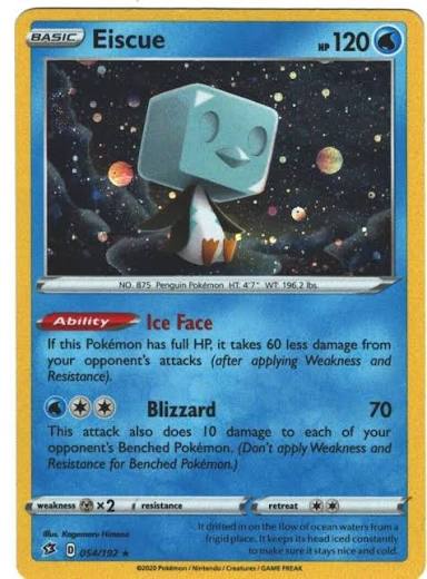 Eiscue 054/192 Pokémon kaart uit de Rebel Clash set met water type en Ice Face ability