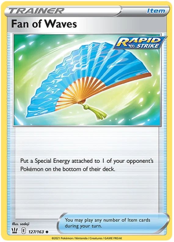 Fan of Waves Uncommon Trainer kaart uit de Pokémon TCG set Battle Styles nummer 127 op een witte achtergrond