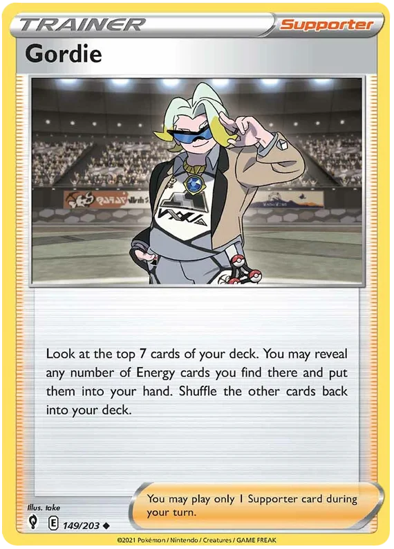 Gordie #149 trainer kaart uit Pokémon Evolving Skies – losse Pokémon kaart voor verzameling of deck