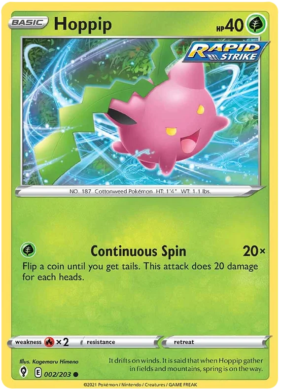 Losse Pokémon kaart Hoppip #002 uit Evolving Skies, common grass type kaart voor verzameling of deck