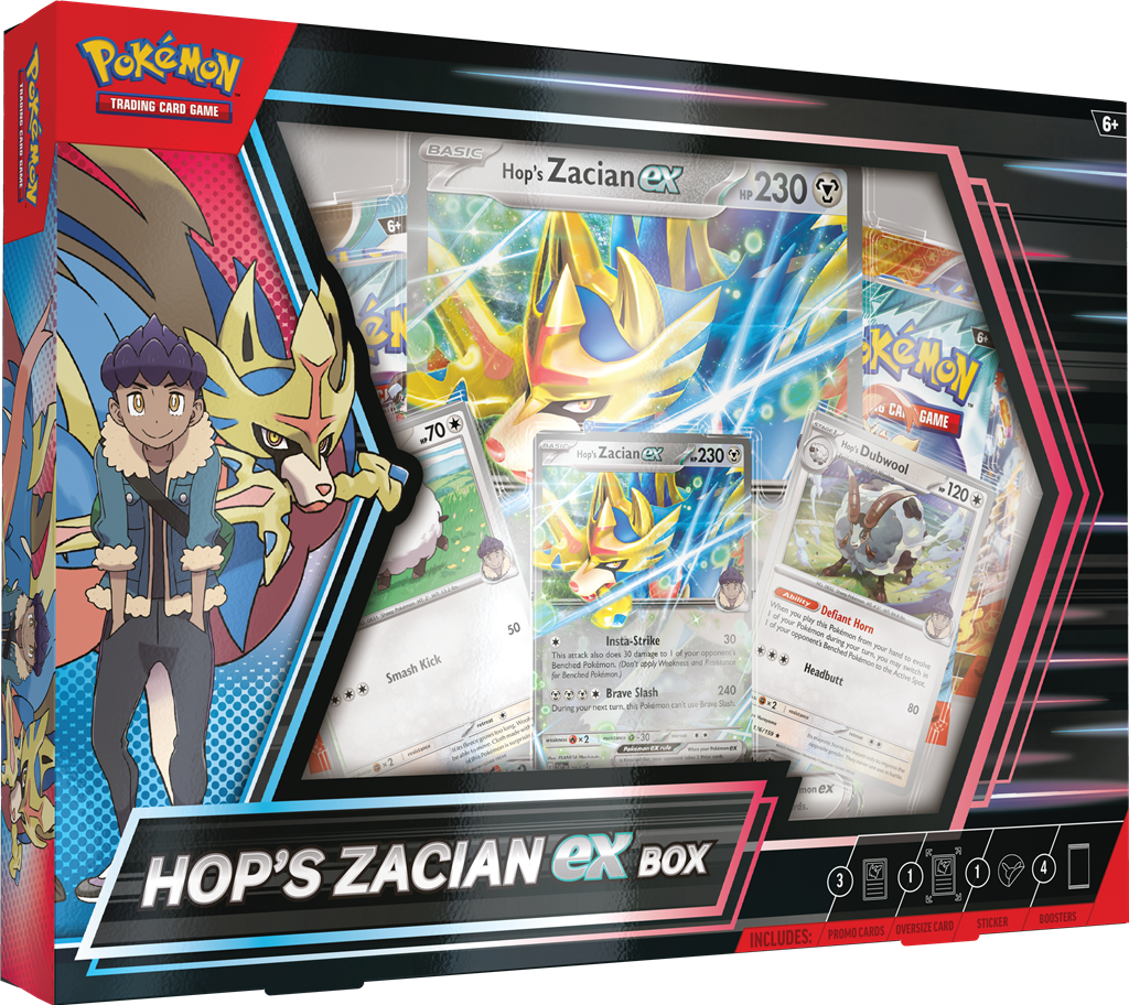 Hop’s Zacian ex Box met Zacian ex, Wooloo, Dubwool, Pokémon pakjes, oversized kaart en sticker. Geschikt voor Journey Together en Surging Sparks.