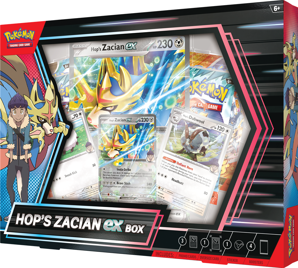 Hop’s Zacian ex Box met Zacian ex, Wooloo, Dubwool, Pokémon pakjes, oversized kaart en sticker. Geschikt voor Journey Together en Surging Sparks.