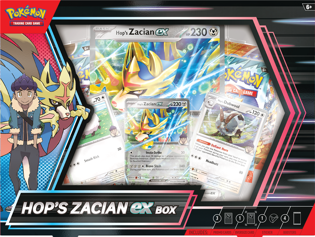 Hop’s Zacian ex Box met Zacian ex, Wooloo, Dubwool, Pokémon pakjes, oversized kaart en sticker. Geschikt voor Journey Together en Surging Sparks.