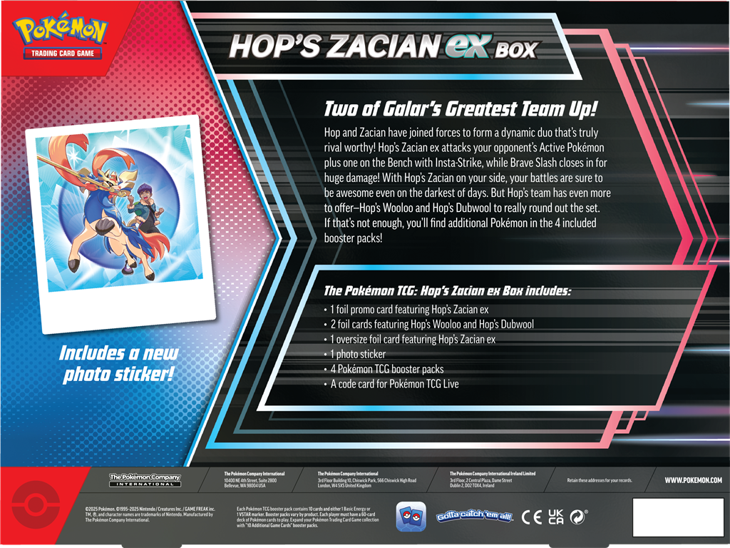 Hop’s Zacian ex Box met Zacian ex, Wooloo, Dubwool, Pokémon pakjes, oversized kaart en sticker. Geschikt voor Journey Together en Surging Sparks.