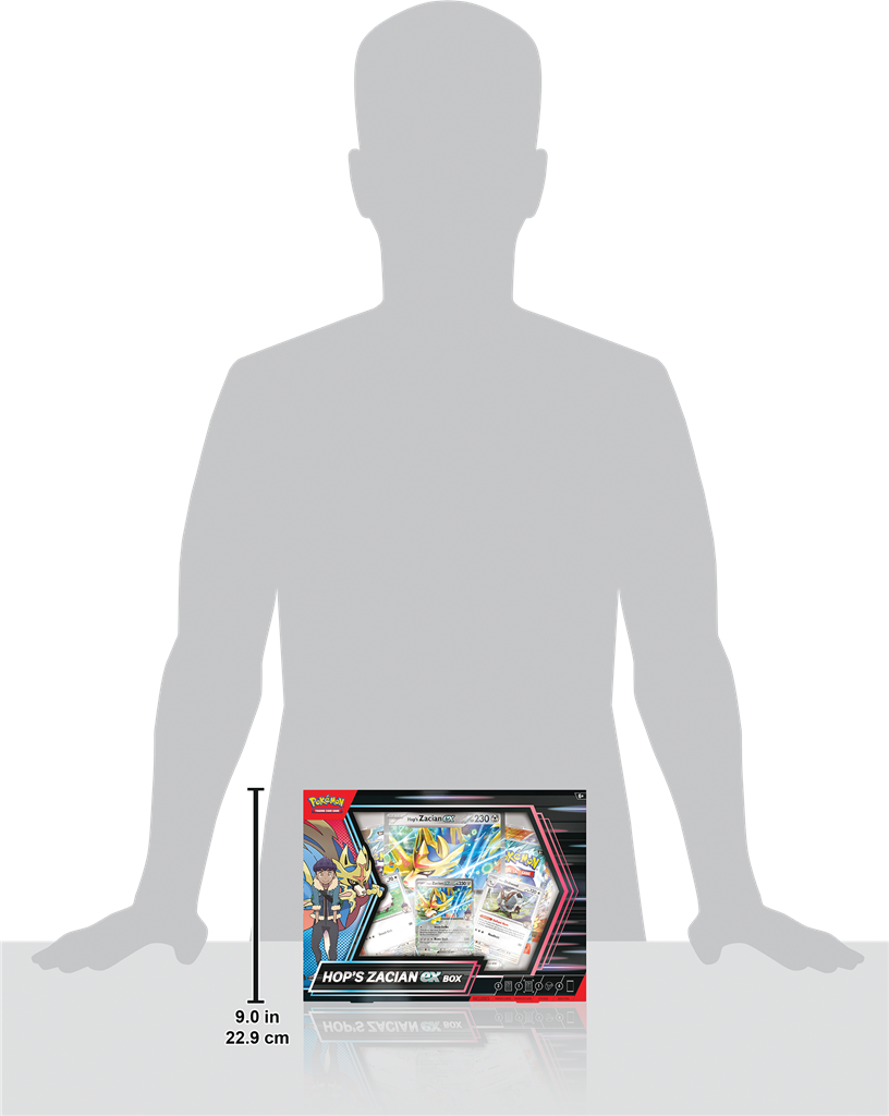 Hop’s Zacian ex Box met Zacian ex, Wooloo, Dubwool, Pokémon pakjes, oversized kaart en sticker. Geschikt voor Journey Together en Surging Sparks.