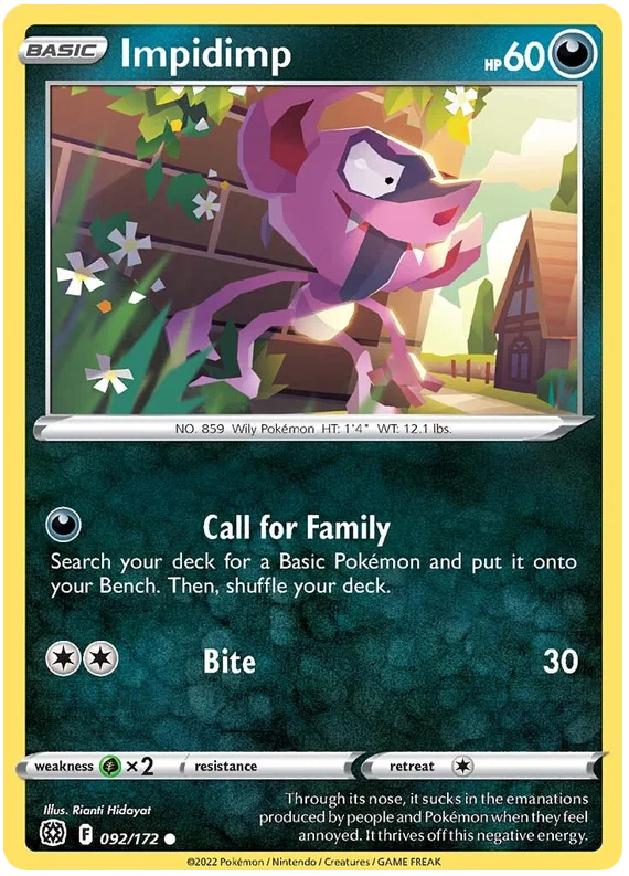 Impidimp common kaart uit Brilliant Stars, Dark-type Pokémon losse kaart.