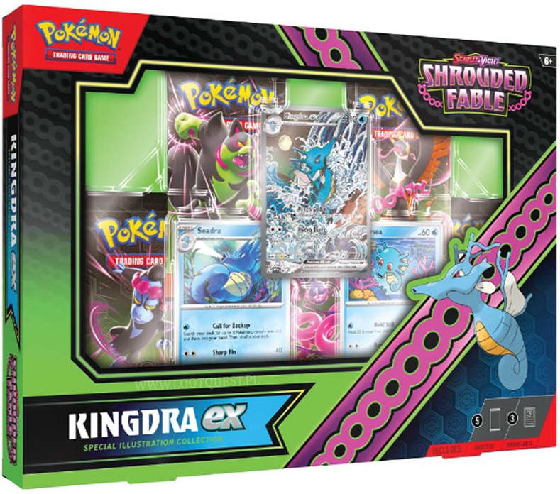 Shrouded Fable Kingdra ex Special Illustration Collection met 3 promokaarten en 5 Pokémon boosterpacks.