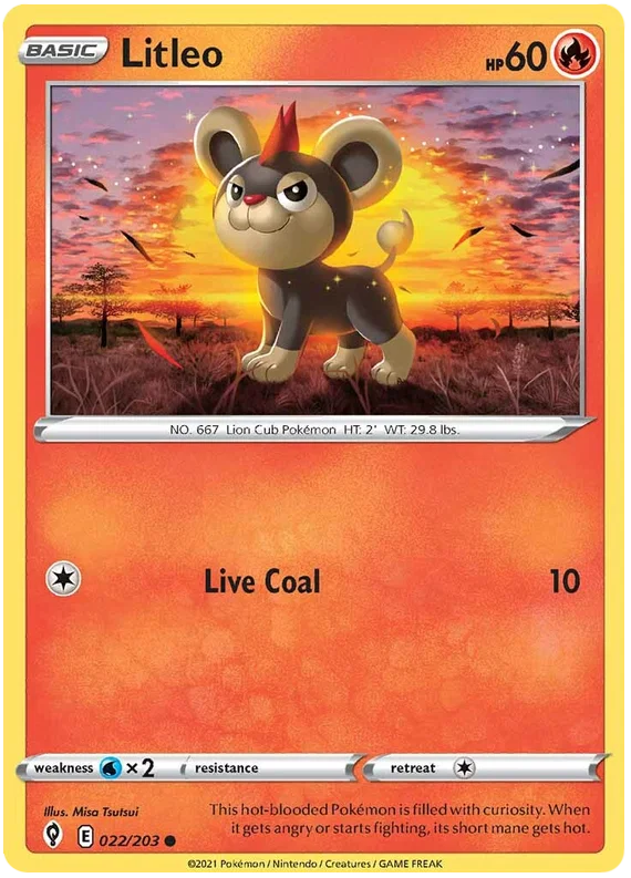 Litleo 022/203 Common Pokémon kaart uit de Evolving Skies set getekend door Misa Tsutsui