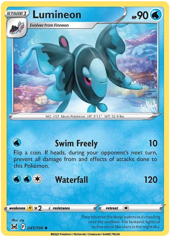Lumineon common kaart #041/196 uit de Pokémon Lost Origin set met waterval-aanval