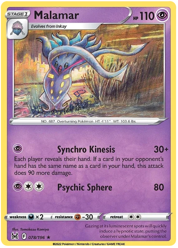 Malamar common Pokémon kaart uit de Lost Origin set, nummer 078/196