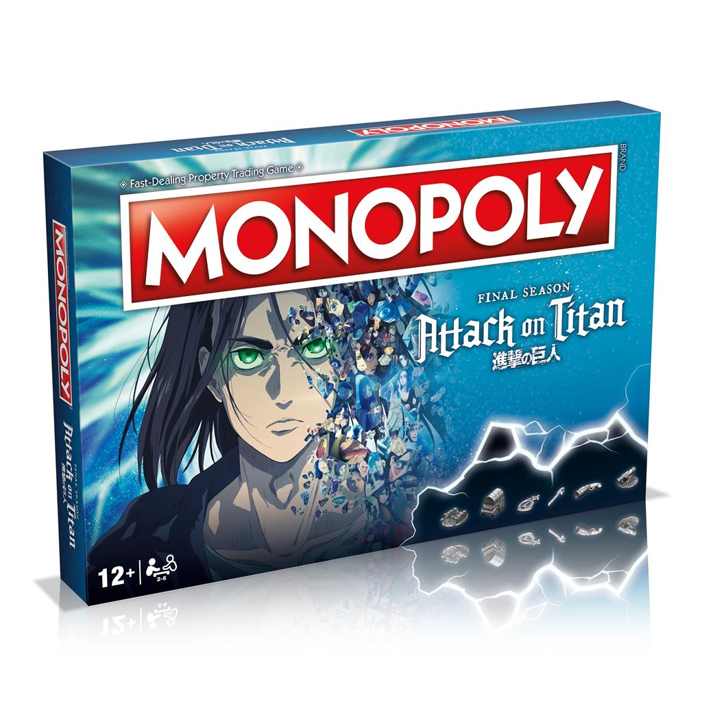 Monopoly Attack on Titan bordspel – Final Season editie met metalen speelstukken zoals zwaard, sleutel, kanon en mobiliteitsuitrusting