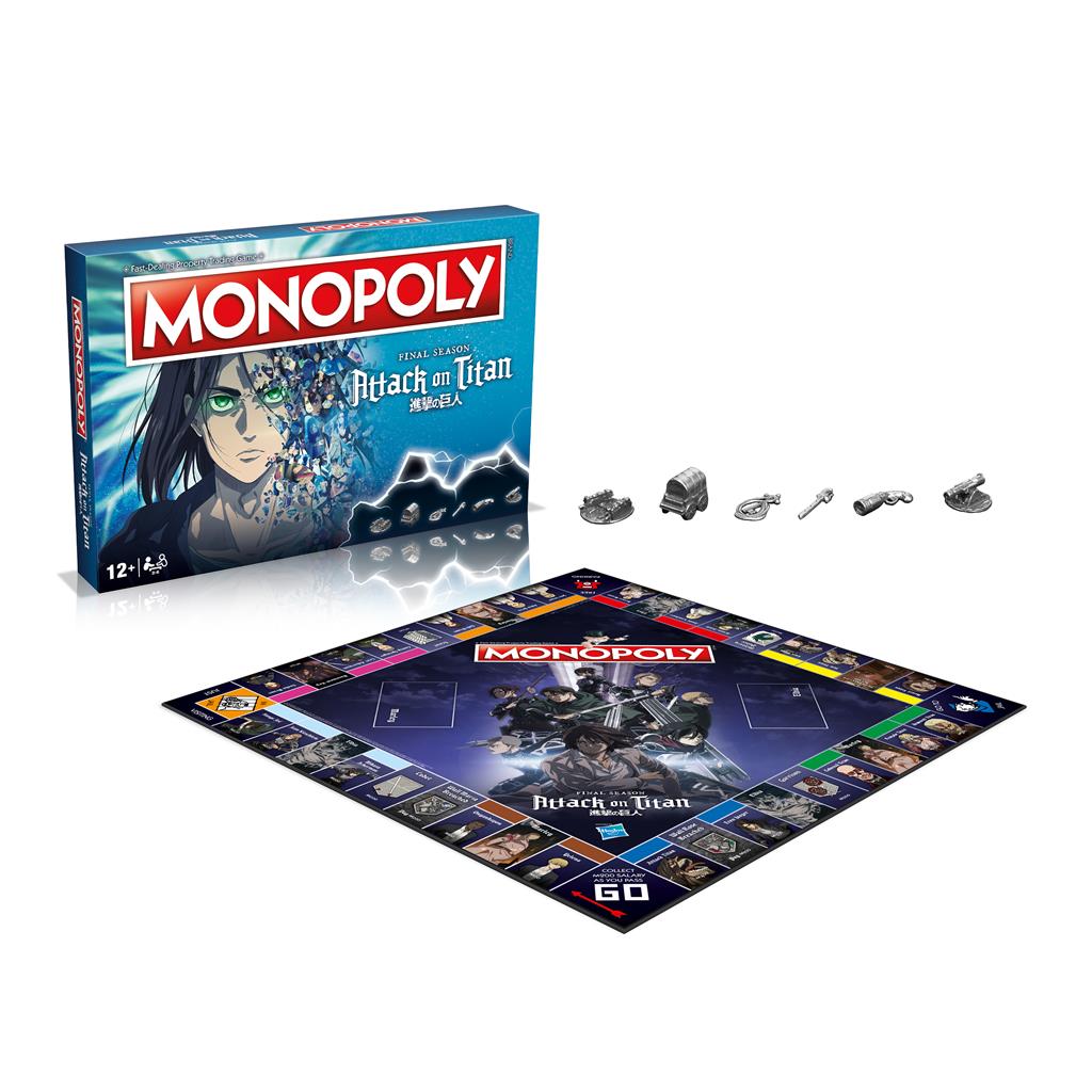 Monopoly Attack on Titan bordspel – Final Season editie met metalen speelstukken zoals zwaard, sleutel, kanon en mobiliteitsuitrusting