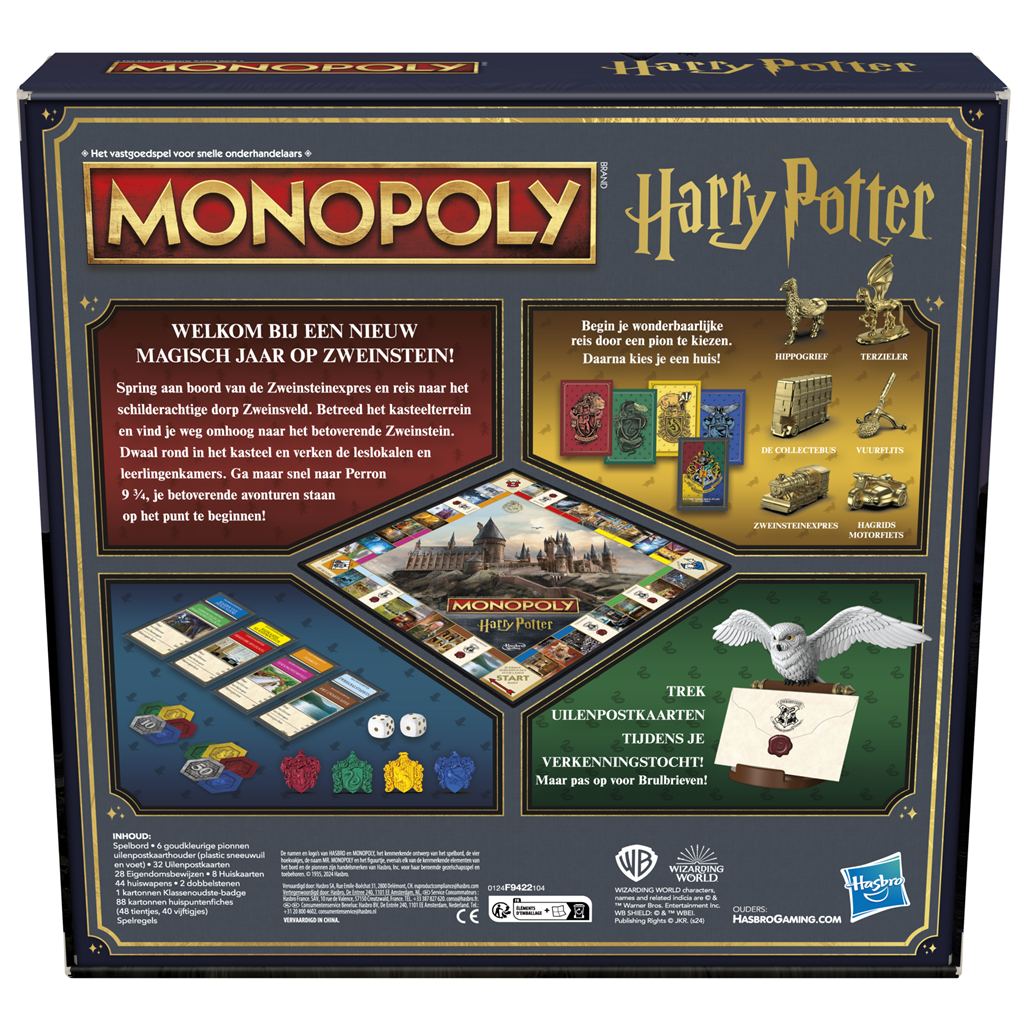 Monopoly Harry Potter bordspel met Zweinstein, Hedwig, Ron en Hermione