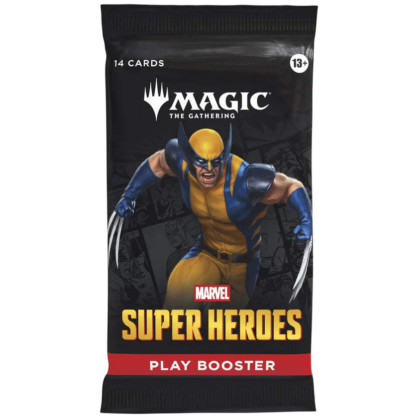 Vooraanzicht van de officiële Magic: The Gathering Marvel Super Heroes Play Booster met Wolverine artwork.