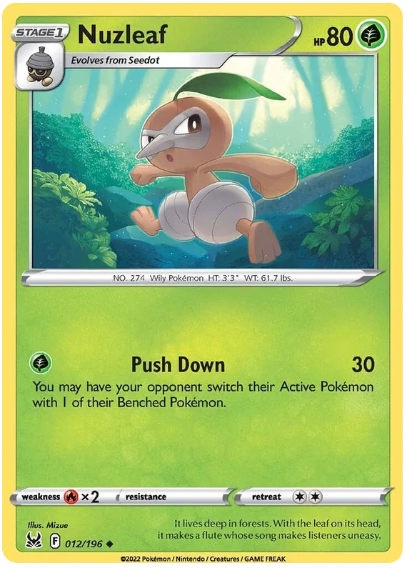 Nuzleaf Common kaart uit Pokémon Lost Origin – Grass-type Pokémon voor verzamelaars.