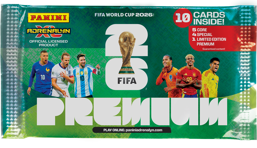 Voorkant van een officieel Panini Adrenalyn XL FIFA World Cup 2026 Premium booster pack