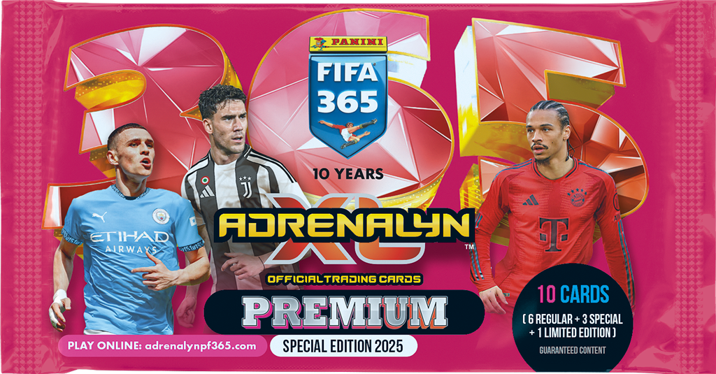 Adrenalyn XL FIFA365 24/25 Premium Pack van Panini met voetbal verzamelkaarten, inclusief Limited Edition kaart van topclubs als Real Madrid en PSG