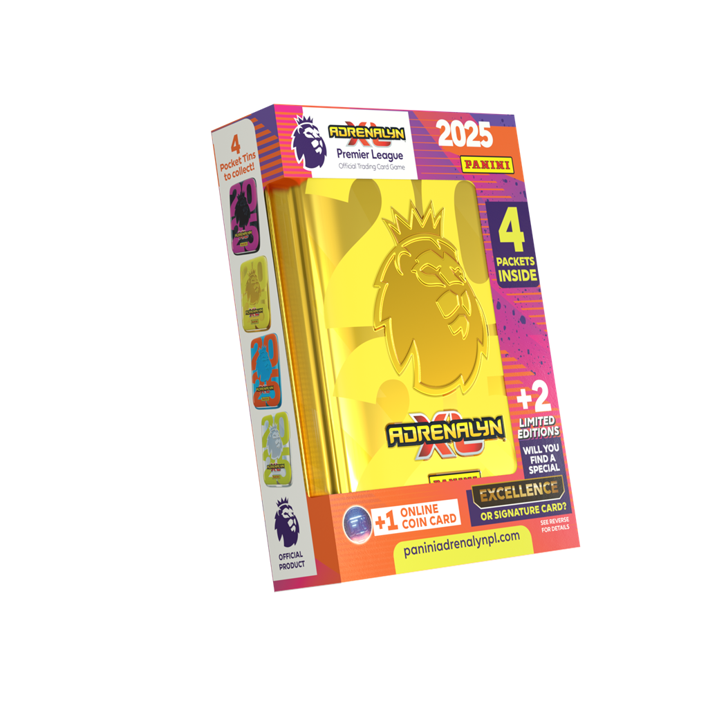 Panini Adrenalyn XL Premier League 24/25 Pocket Tin met 4 boosters, 2 Limited Edition kaarten en online coin kaart