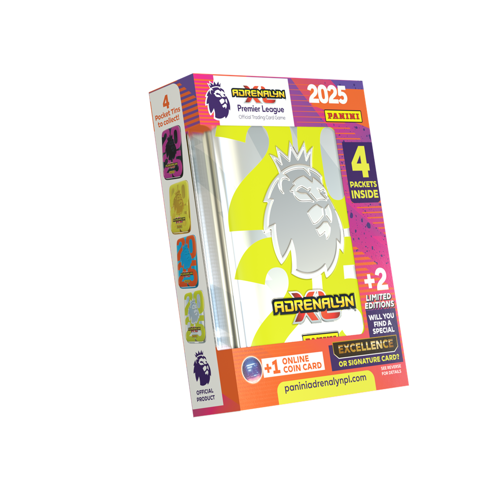 Panini Adrenalyn XL Premier League 24/25 Pocket Tin met 4 boosters, 2 Limited Edition kaarten en online coin kaart
