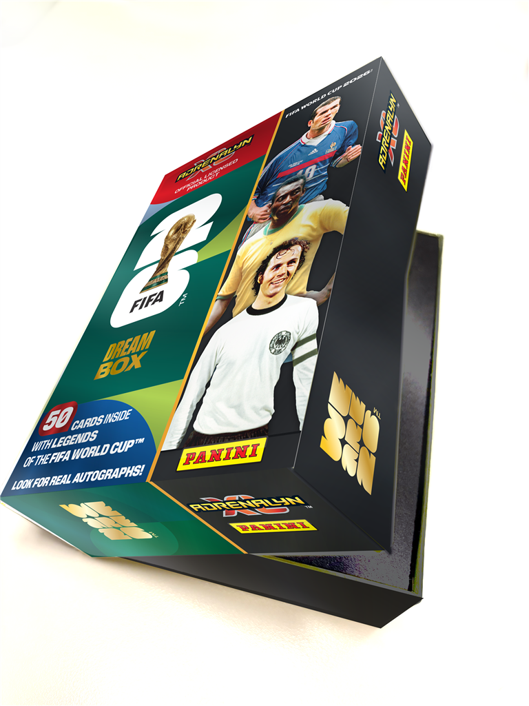 Bovenaanzicht van een geopende FIFA World Cup 2026 Dream Box met zicht op de exclusieve kaarten
