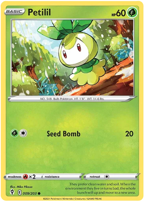 Petilil Pokémon kaart uit Evolving Skies, common gras type kaart voor je Pokémon verzameling of deck