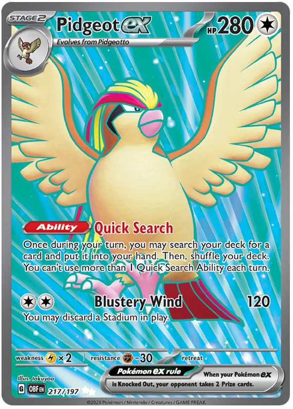Pidgeot ex Ultra Rare kaart uit de Obsidian Flames set, kaartnummer 217/197