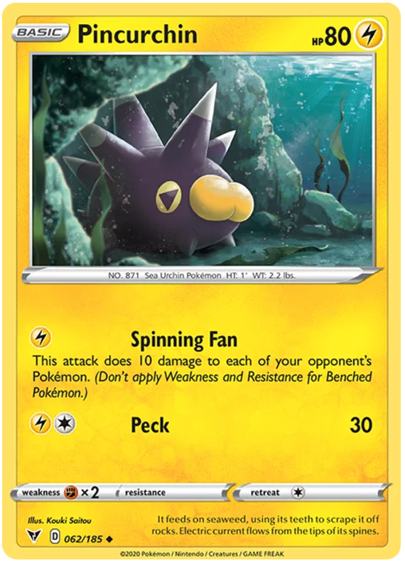 Pincurchin 062/185 uncommon Pokémon kaart uit de Vivid Voltage set geïllustreerd door Kouki Saitou